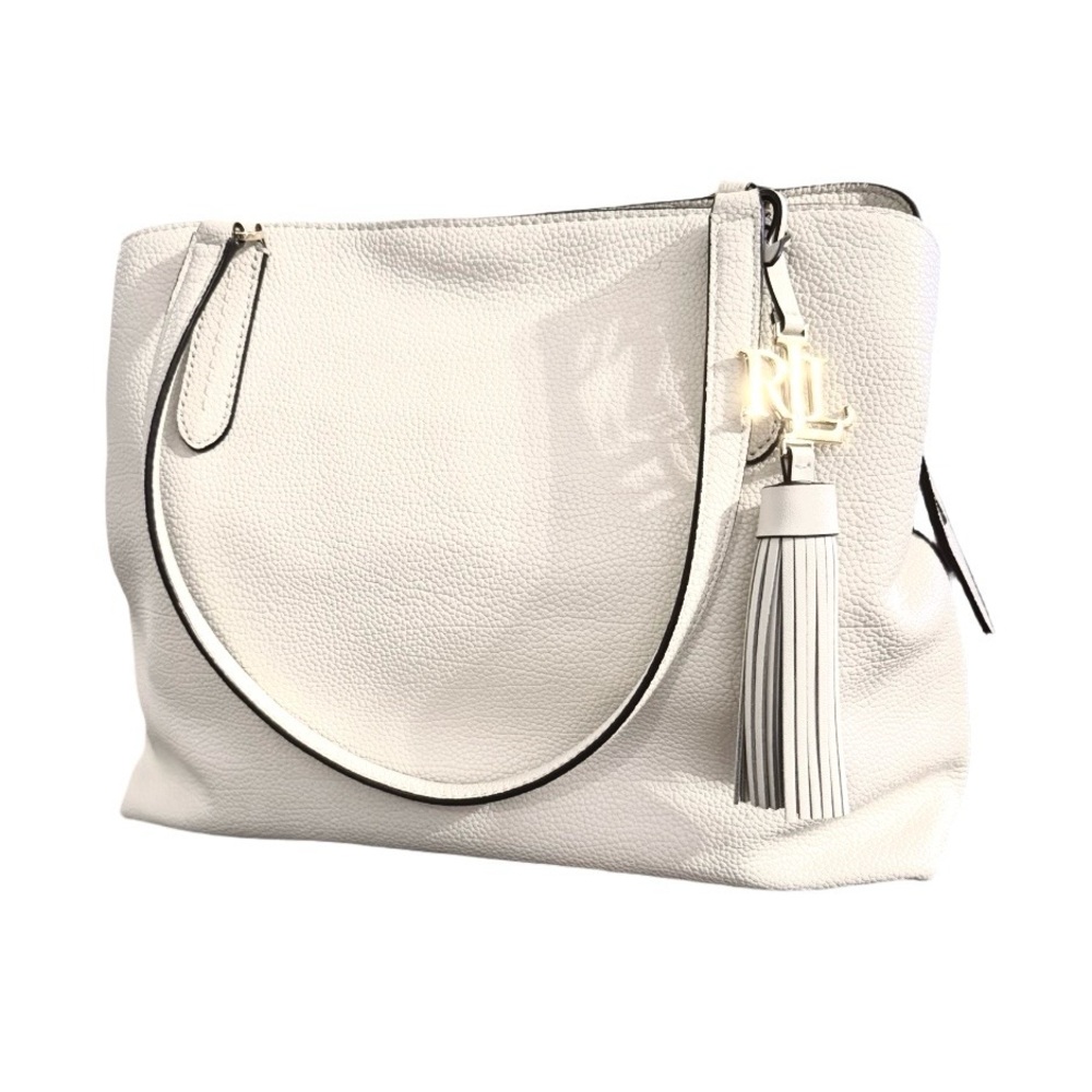 Ralph Lauren Genuine Leather Quinn Large Shoulder Bag Tassel and Logo in Ivory